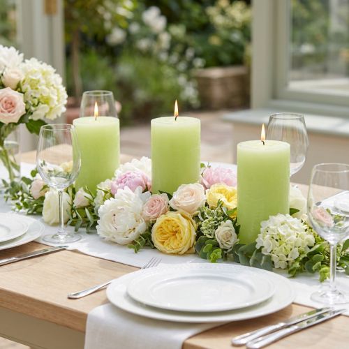 Juego de 4 velas de pilar verde lima - Elegantes velas para decoración de mesa y ambiente hogareño, 70 x 120 mm - Ideales para celebraciones y uso diario | Floristik24.es