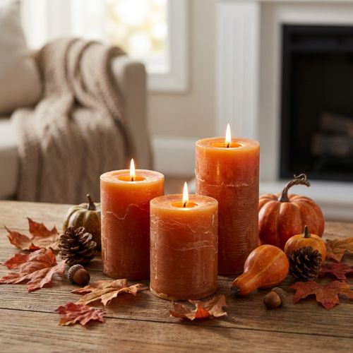 Velas de pilar de color naranja oscuro, de color liso en su totalidad, estilo rústico atardecer, 60 x 80 mm, juego de 4, para decoraciones de otoño y Adviento. | Floristik24.es