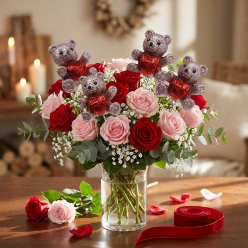 Tapón decorativo oso con corazón, San Valentín, tapón de flores con purpurina 9 uds. | Floristik24.es