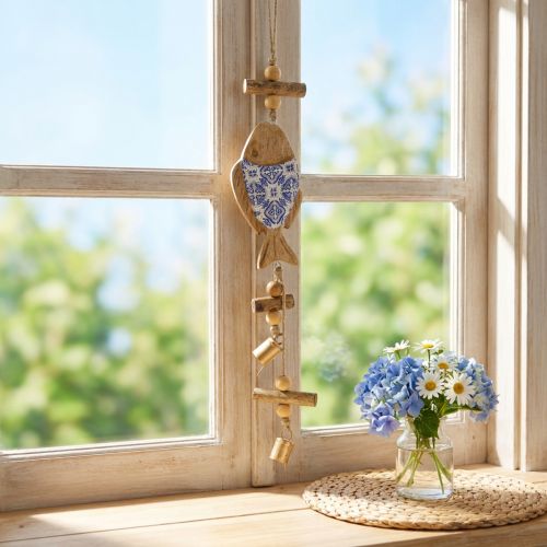 Pez de madera para colgar campana natural azul blanco H46cm | Floristik24.es