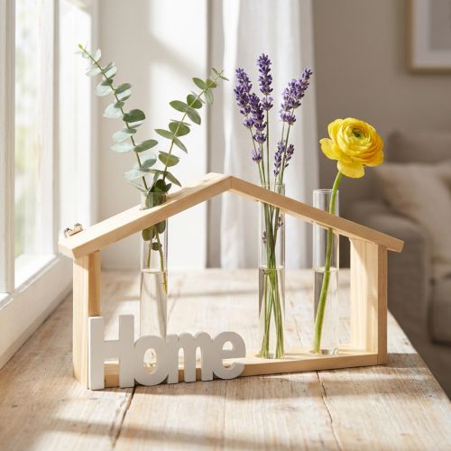 Decoración de pared de madera, decoración del hogar, jarrón de tubo de ensayo, porta flores, 27,5 x 4,5 x 14,5 cm | Floristik24.es