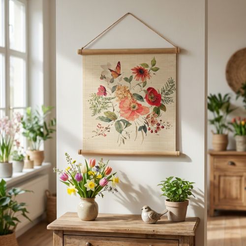 Arte de pared con decoración floral, estera de bambú de madera con cordón de yute, 44 x 42 cm para sala de estar. | Floristik24.es