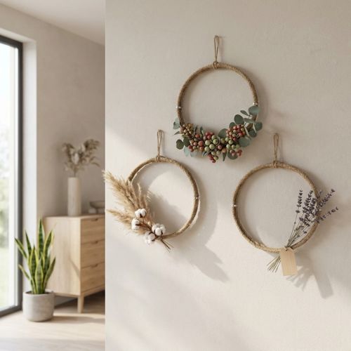 Anillo decorativo de yute Ø30cm estilo escandinavo para colgar, corona de pared, corona de puerta, juego de 3 | Floristik24.es