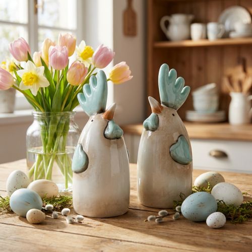 Gallo de cerámica para decoración de cocina, color blanco, azul y marrón, altura 14,5 cm, 2 unidades | Floristik24.es