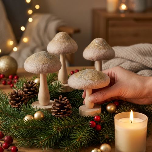 Setas decorativas de madera y fieltro con purpurina, decoración para la mesa de Adviento, 11 cm de alto, 4 piezas | Floristik24.es