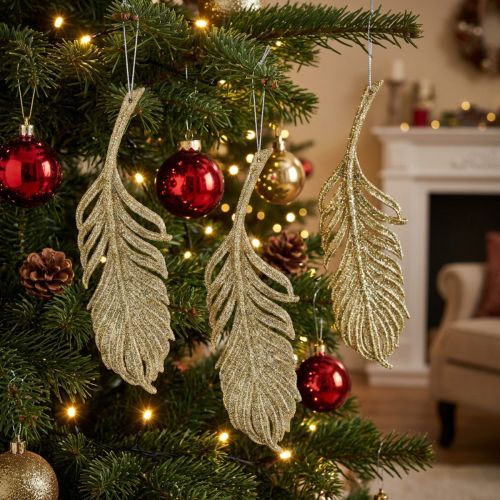 Plumas decorativas, adornos de árboles con purpurina, adornos de adviento, plumas para colgar doradas L22cm 12pcs | Floristik24.es