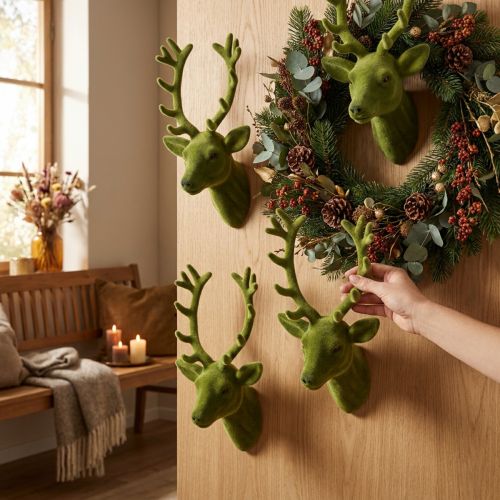Cabeza de ciervo decorativa flocada verde musgo 10 cm x 20 cm 3 piezas | Floristik24.es