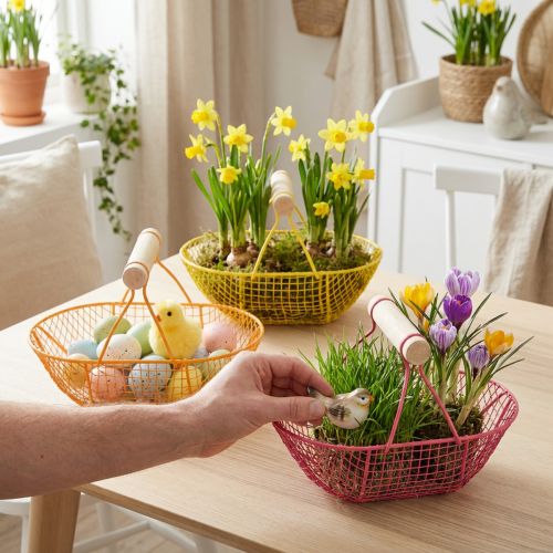 Cesta de alambre con asa de madera. Diseño práctico. Ideal para la decoración primaveral, el hogar y la oficina. 17 cm, 6 unidades. | Floristik24.es