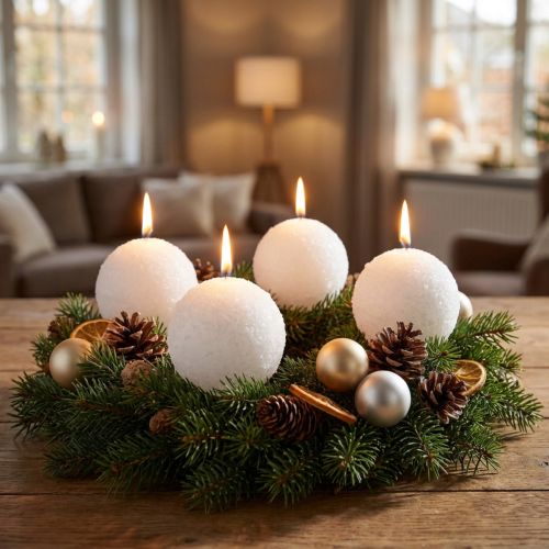 Velas mágicas de invierno con efecto bola de nieve blanca, Ø10 cm, juego de 4 para decoración festiva | Floristik24.es