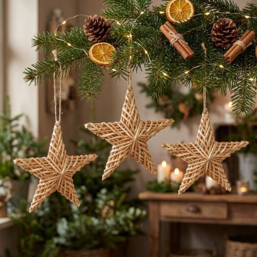 Estrellas decorativas de ratán colgantes de 19 cm, juego de 3 piezas, decoración navideña | Floristik24.es
