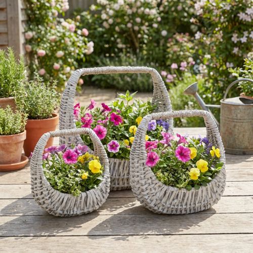 Cesta de mimbre con asa, color gris lavado, 43/34/27 cm de alto, juego de 3 | Floristik24.es