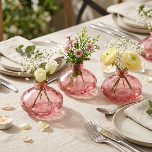 Mini jarrones de cristal bulbosos planos teñidos de rosa Ø9cm H6cm 6 uds | Floristik24.es