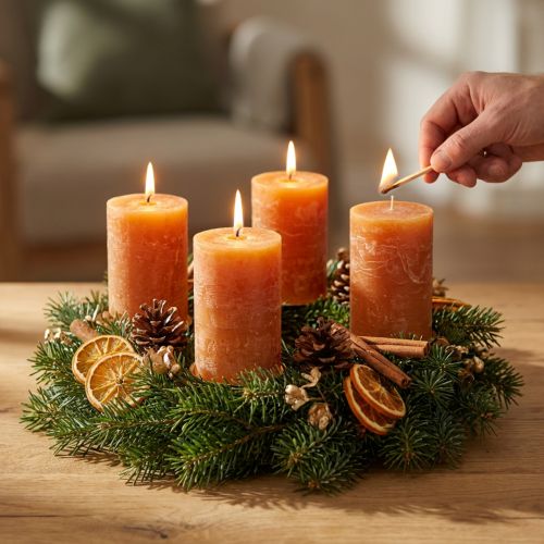 Velas de pilar, naranja oscuro, color liso, diseño Atardecer, 60x100 mm, 4 piezas, rústicas, verano, otoño, Adviento | Floristik24.es