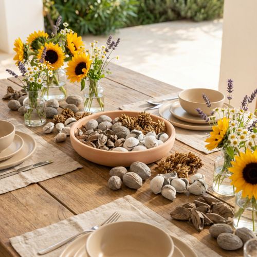 Artículo Decoración de mesa con popurrí y frutos secos para crear un ambiente veraniego natural.