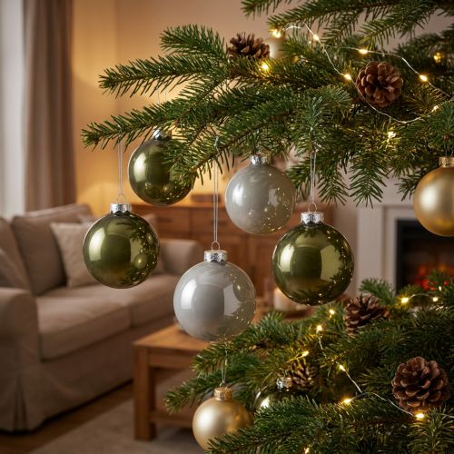 Bolas navideñas de cristal color gris oliva y plata, Ø7,5cm, 12 unidades | Floristik24.es