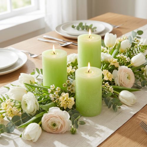 Velas de pilar verde lima, coloreadas en toda su longitud, 60 x 100 mm, decoración de boda, decoración de primavera, juego de 4 | Floristik24.es