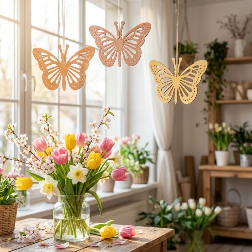 Percha decorativa con mariposas, color naranja, rosa y amarillo, 12 cm, 12 unidades | Floristik24.es