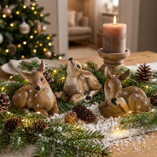 Figura de ciervo decorativa de cervatillo tumbado para mesa, 13 x 6,5 x 12 cm, 3 unidades | Floristik24.es