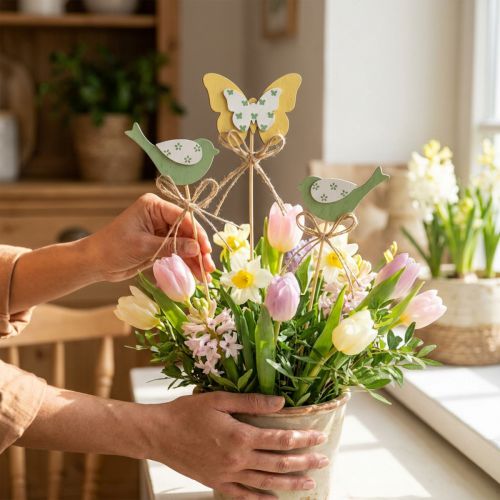 Tapón pájaro mariposa, decoración madera, tapón planta decoración primavera verde, amarillo L24/25cm 12uds | Floristik24.es