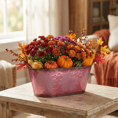 Cuenco con decoración de hojas, jardinera, decoración de otoño, maceta de metal rojo vino L38cm H15cm | Floristik24.es