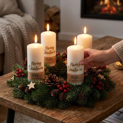 Velas navideñas de pilar, juego de 4, blancas y doradas, 60 x 130 mm - Decoración festiva, cera natural pura | Floristik24.es