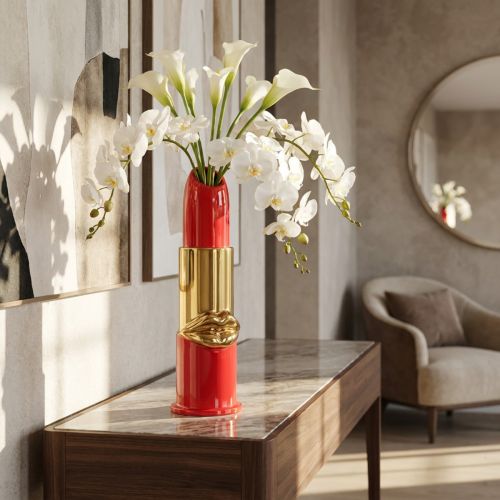 Artículo Jarrón decorativo con diseño de pintalabios para flores artificiales de tallo largo, 38 cm.