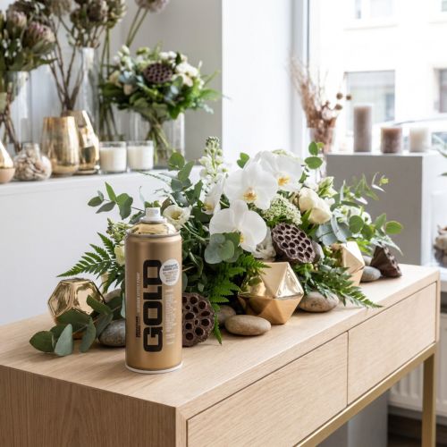 Artículo Pintura en aerosol decorativa con efecto cromo dorado, Montana Cans 400ml