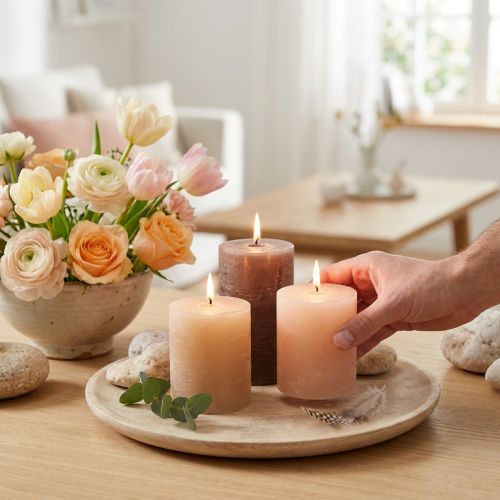 Juego de 12 velas de pilar en color marrón, 70x80 mm, teñidas en su totalidad - Perfectas para decoración, bienestar y celebraciones | Floristik24.es