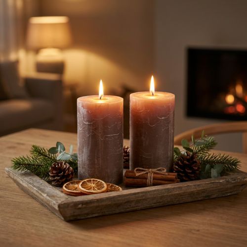 Velas de pilar de color marrón liso, 85 x 150 mm, juego de 2: velas decorativas para un ambiente acogedor y ocasiones festivas. | Floristik24.es