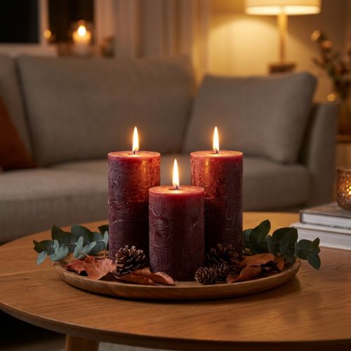 Juego de 4 velas de pilar burdeos, color liso, 70 x 120 mm - Velas decorativas para el ambiente del hogar y el bienestar | Floristik24.es