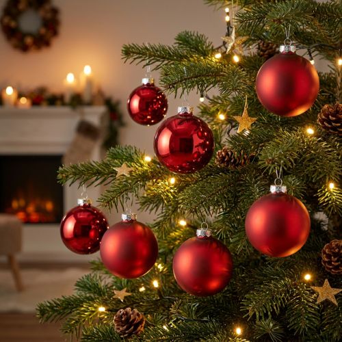 Bola de árbol de Navidad, adornos de árbol, bola de Navidad roja H8.5cm Ø7.5cm vidrio real 12pcs | Floristik24.es