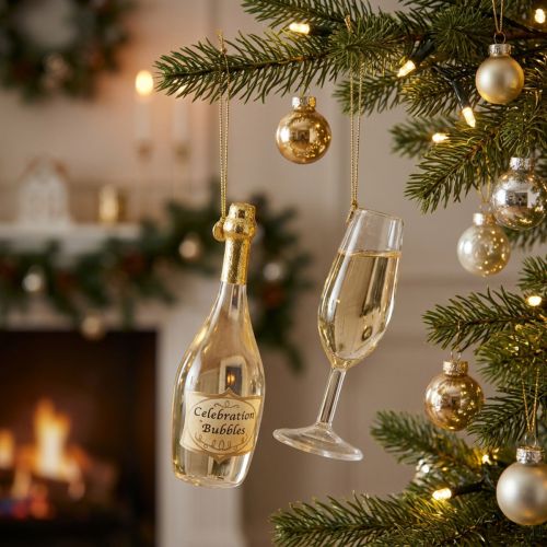 Artículo Juego de colgante con botella y copa de champán, decoración para árbol de Navidad, 14 cm, 2 piezas