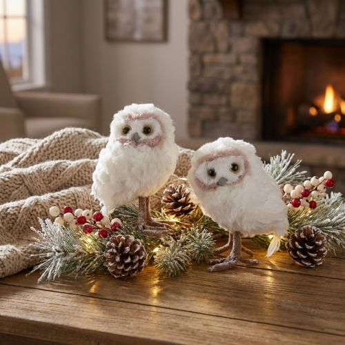 Decoración de invierno, figuras decorativas de búhos de pie, blancas, 15 cm, 2 unidades. | Floristik24.es