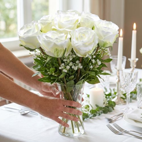 Flores decorativas de seda rosa en ramo crema 36cm 8 piezas | Floristik24.es