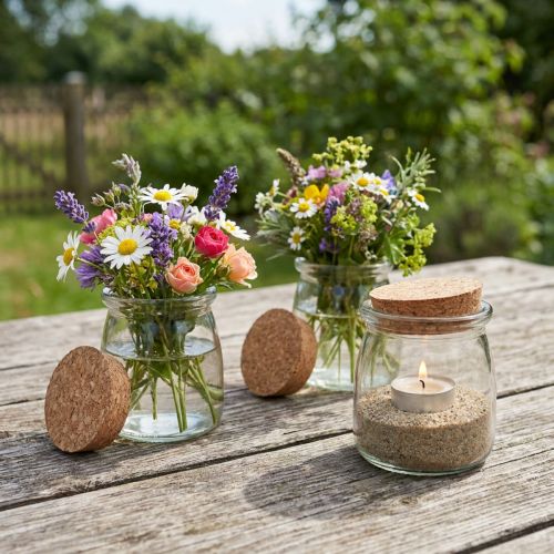 Artículo Decoración de Cristal con Corcho Vintage Transparente Natural Ø7cm H8cm 6 uds