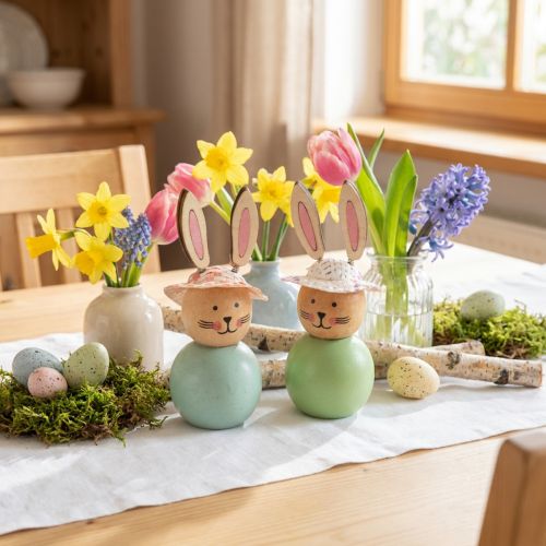 Artículo Figuras de conejo de Pascua de madera, decoración de mesa de Pascua, adorables figuras de conejo, decoración primaveral, 9 cm, 8 piezas