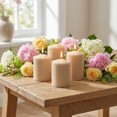 Velas de pilar vela acanalada beige 70/90mm 4 piezas | Floristik24.es