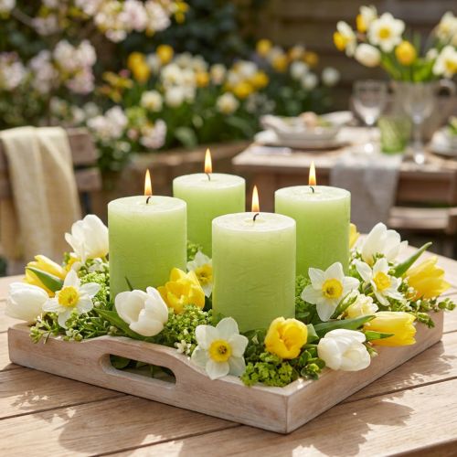 Velas de pilar teñidas en verde lima (70 x 80 mm, paquete de 4) - Decoración e iluminación ambiental | Floristik24.es