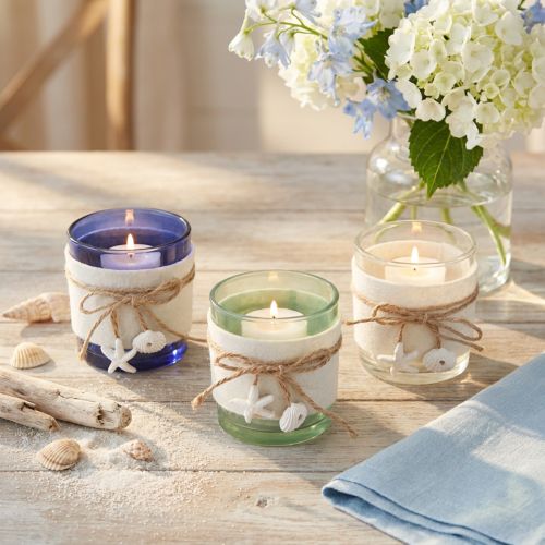 Portavelas de cristal con forma de vela marítima, color azul, verde y blanco, 7,5 cm, 3 unidades | Floristik24.es