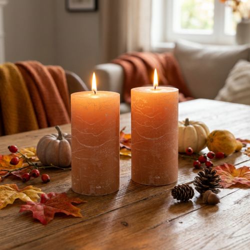 Velas de pilar de color liso, naranja melocotón, 85×150 mm, juego de 2, larga duración, velas decorativas | Floristik24.es