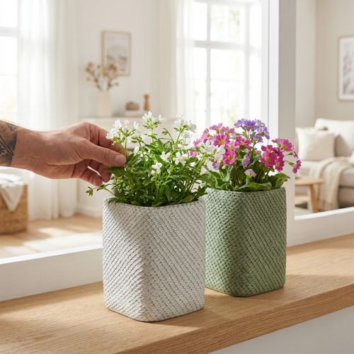 Jardinera cerámica blanco verde malla relieve 12x12cm H17.5cm 2pcs | Floristik24.es