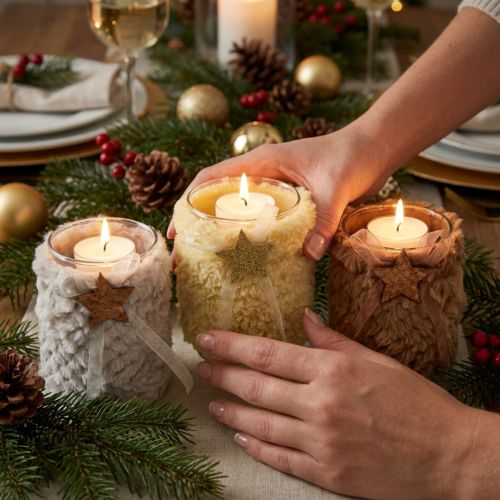 Decoración navideña farol vidrio piel sintética H12cm Ø9.5cm 3pcs | Floristik24.es