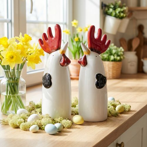 Gallo de cerámica decoración de cocina pollo blanco H23cm 2 piezas | Floristik24.es