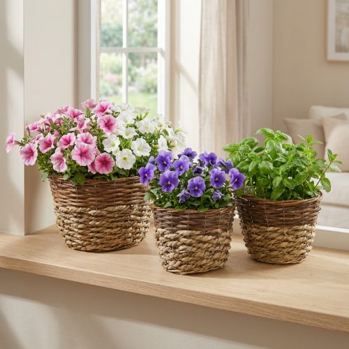 Cesta natural para plantar, decoración de cestas, cuencos para plantas natural L21/19/16cm H21/19/16cm juego de 3 | Floristik24.es