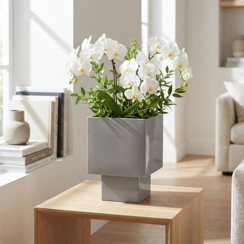 Artículo Maceta cúbica gris con base para decoración moderna, 22 cm