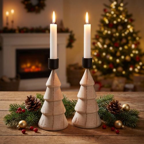 Portavelas de madera natural Abete navideña A16cm 2uds | Floristik24.es