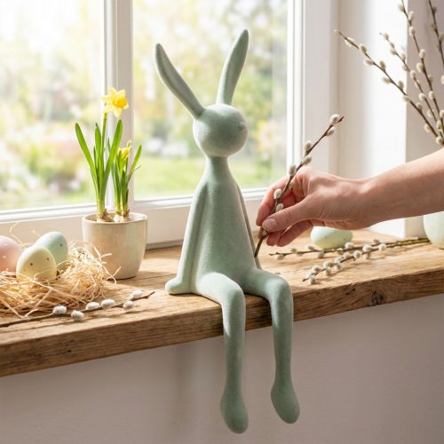 Conejo de Pascua sentado en un estante, flocado, gris verdoso, 56 cm | Floristik24.es