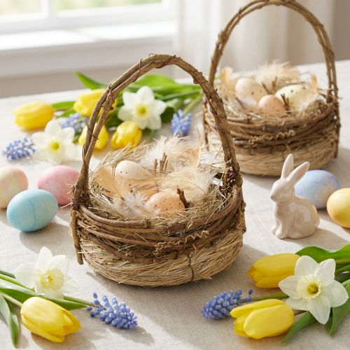 Artículo Cesta de Pascua con huevos de codorniz cesta de huevos artificiales enredaderas Ø12cm 2 uds