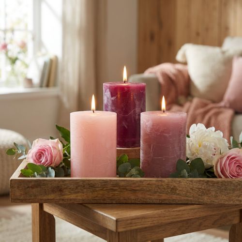 Artículo Juego de velas de pilar, colores rosa y bayas, 70 x 100 mm, larga duración, paquete de 12, ideal para decoración y regalo.