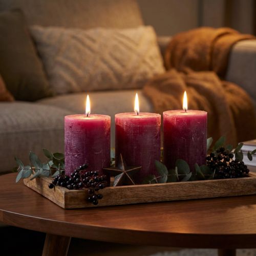 Velas de pilar de color sólido, baya morada, 60x80 mm, 4 piezas - decorativas, larga duración, hechas a mano | Floristik24.es